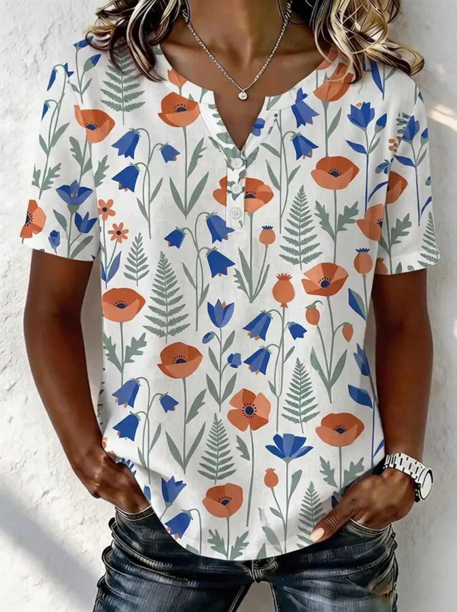 Women's Nashville Botanical Poppy Fern Printed Henley Shirt