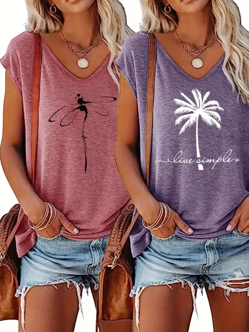 2-Pack V-Neck Cap Sleeve T-Shirts for Women, Casual Loose Summer Tops for Spring