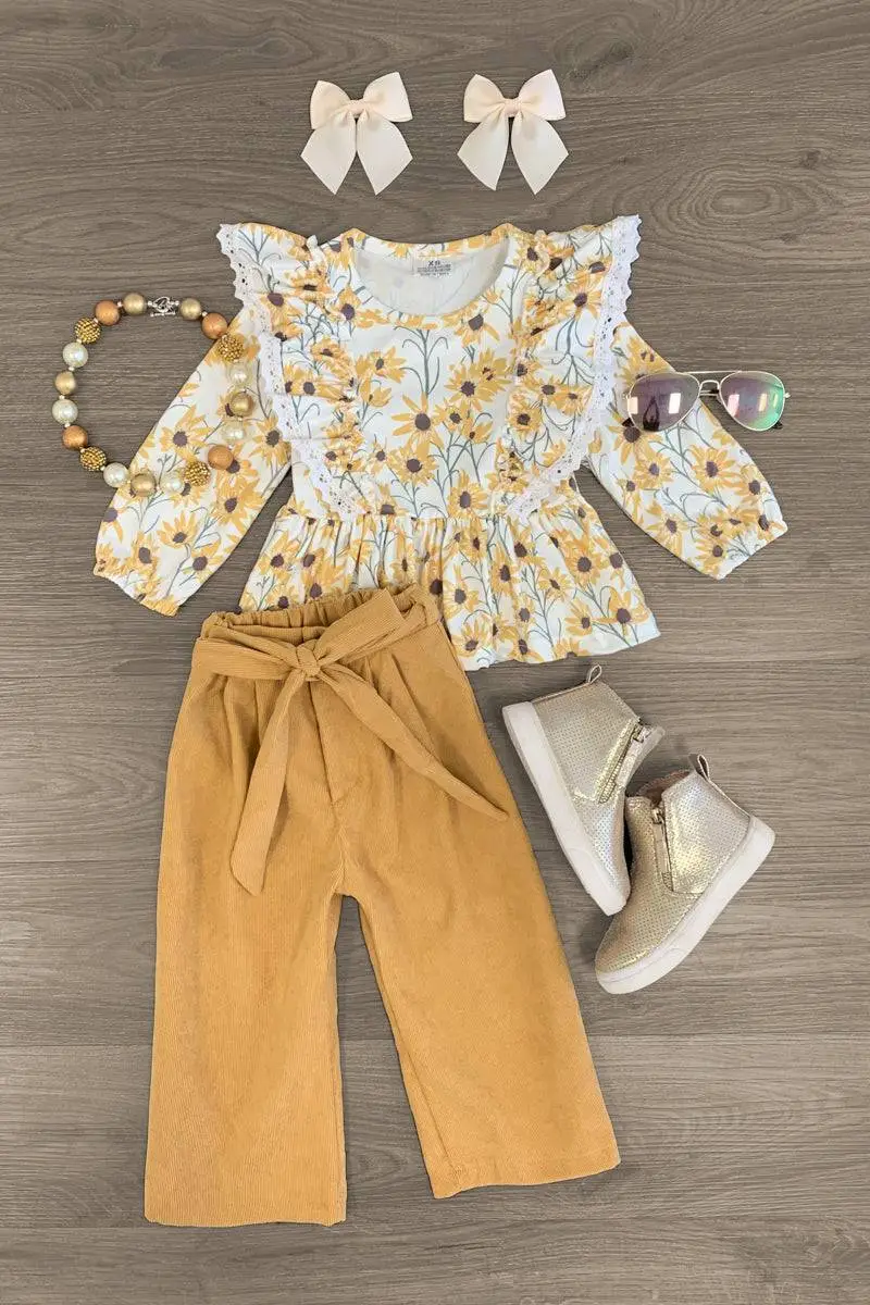 White Sunflower Corduroy Pant Set