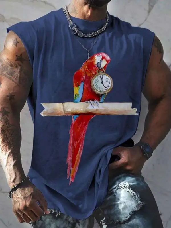 Men's 5 O'clock Parrot Print Round Neck Tank Top