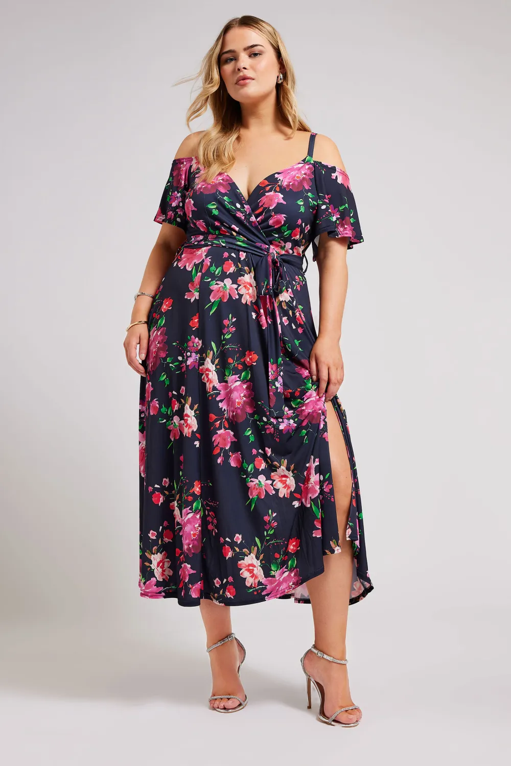 YOURS LONDON Curve Red & Blue Floral Bardot Maxi Dress