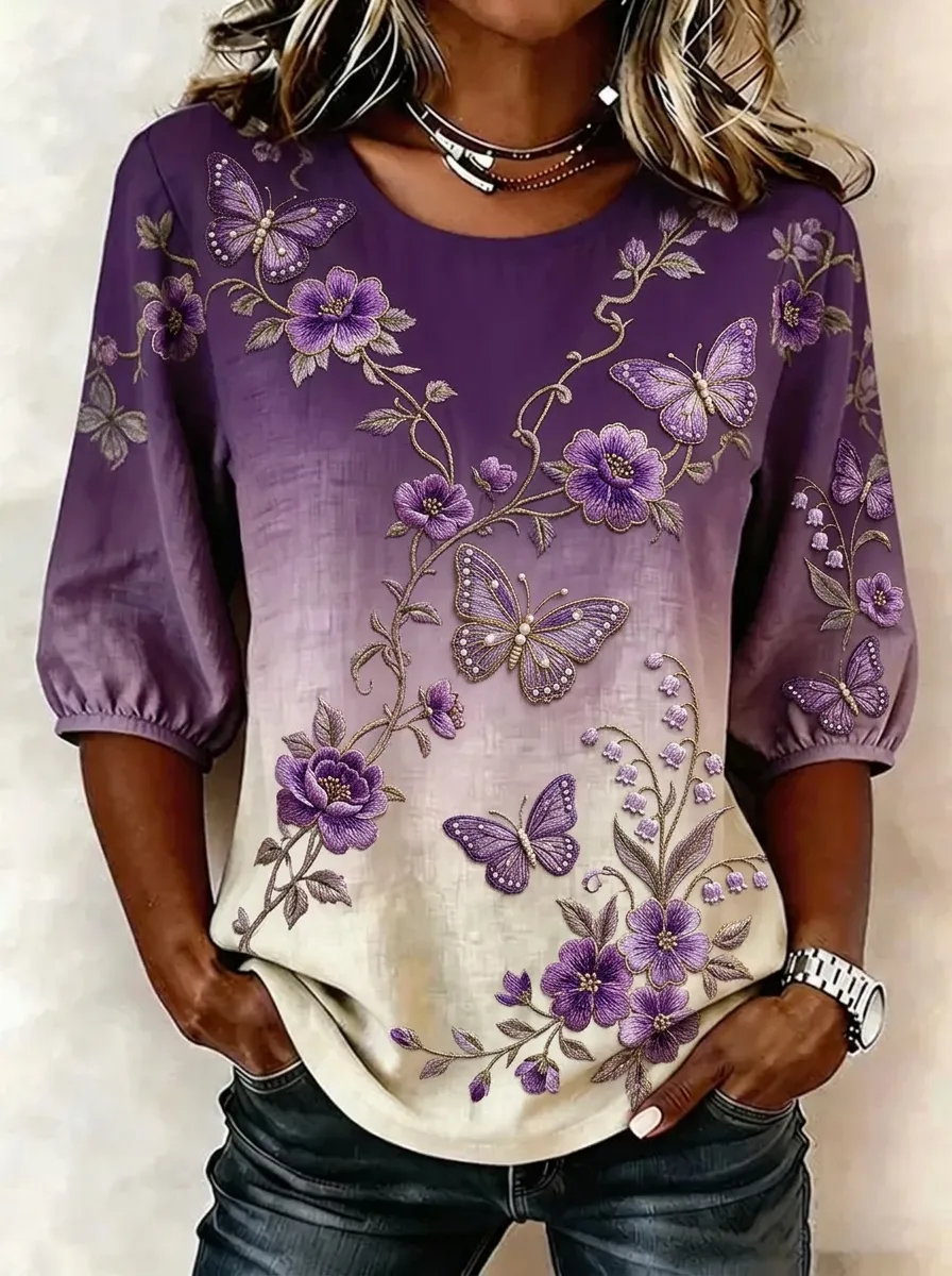 Women's Nashville Butterfly Floral Ombre Printed Top