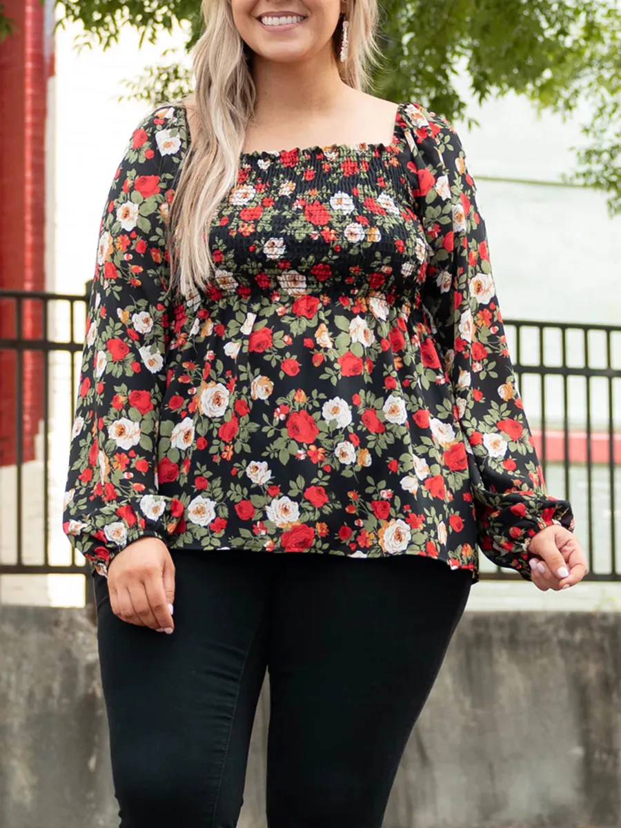 三个分类-Flower pattern pleated square neck lantern sleeve shirt