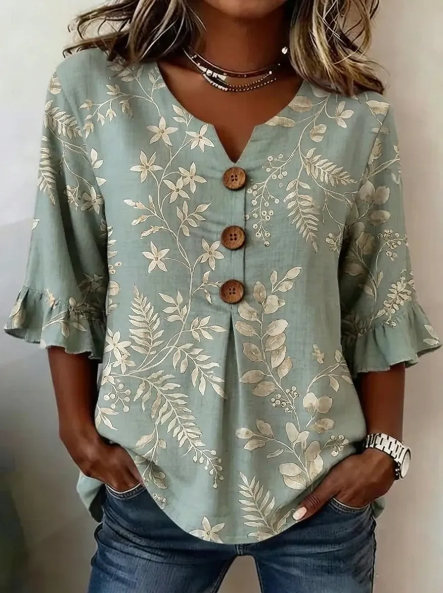 Women's Nashville Floral Botanical Printed Button V-Neck Top