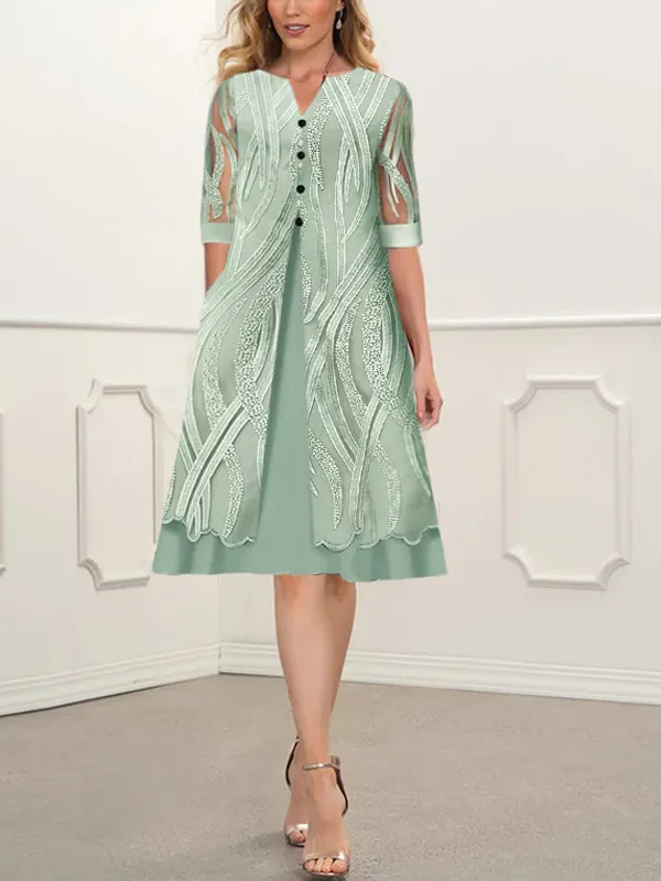 Printed V-Neck Pocket Short Sleeve Dress