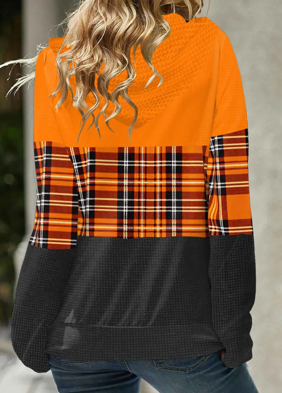 Red Patchwork Plaid Long Sleeve Hoodie