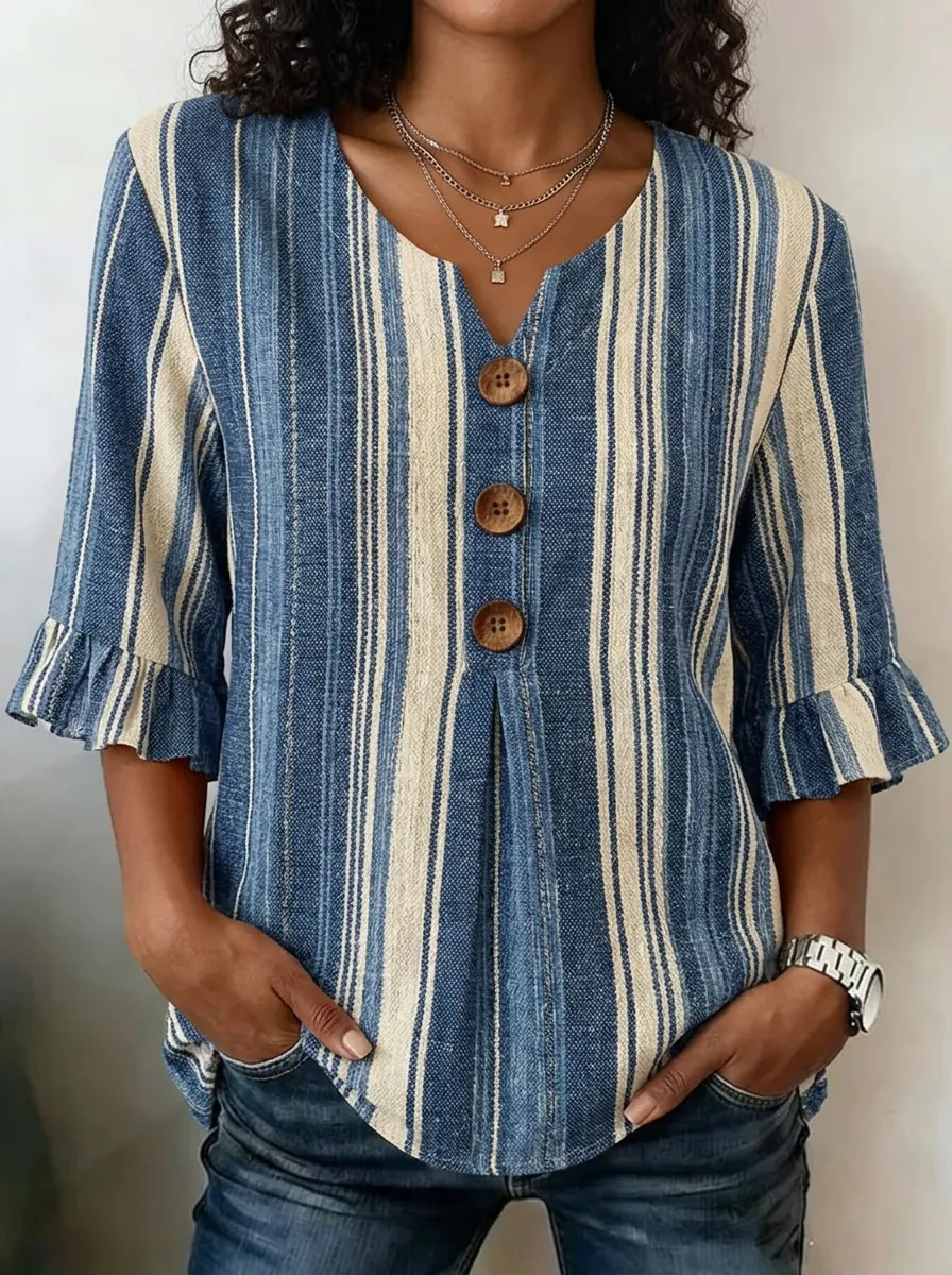 Women's Nashville Country Style Striped Buttoned Ruffle Sleeve Printed Top