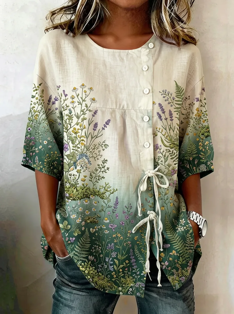Women's Nashville Nature Lover Wildflower Printed Button-up Shirt