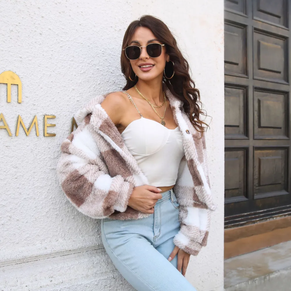 Casual Fashion Plaid Warm Lapel Long Sleeve Coat