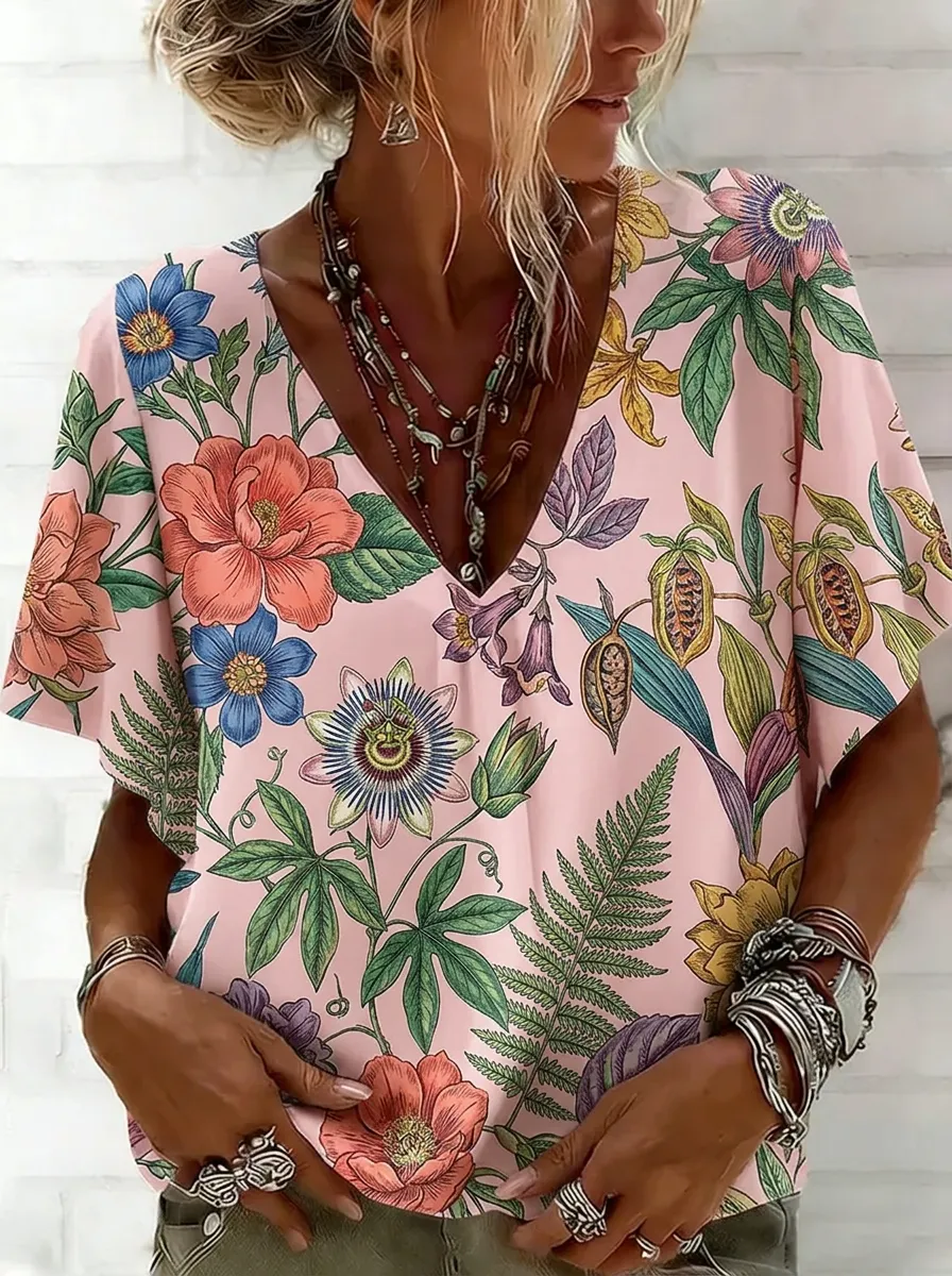 Women's Nashville Botanical Floral Printed V-Neck Top