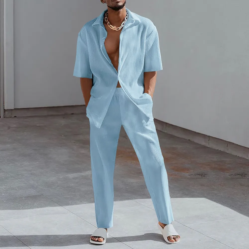 Tiboyz White Outfits Short Sleeve Shirt And Pants Two Piece Set