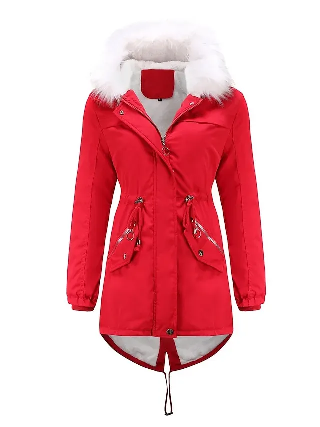 Women's Parka Puffer Coat Thermal Warm Winter Coat Windproof Heated Coat with Fur Collar Fall Zip up Drawstring Fleece Jacket with Pockets Outerwear Pink Black Pink Mid-Length