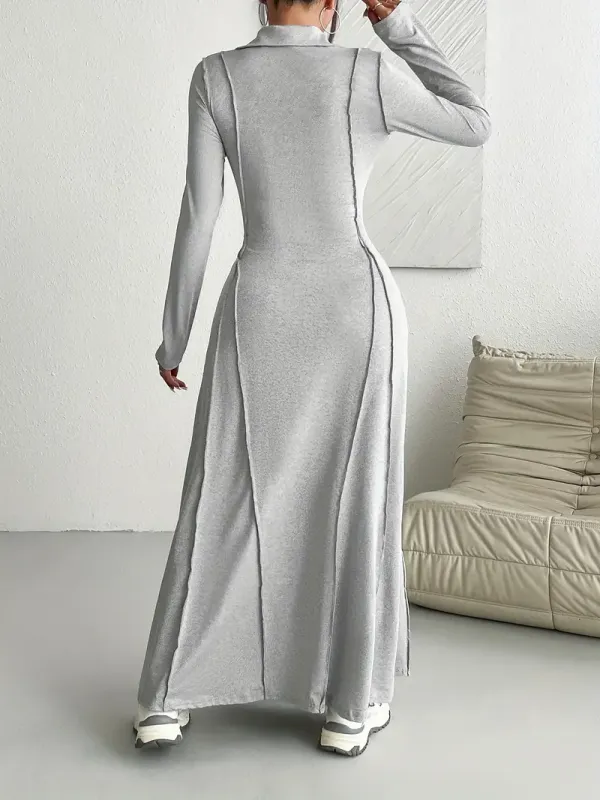 Women's Half Button Collared Dress - Elegant Slim-Fit Long Sleeve Ankle Length Dress - For Spring & Fall - Suitable for Work & Parties - Perfect Gift for Women