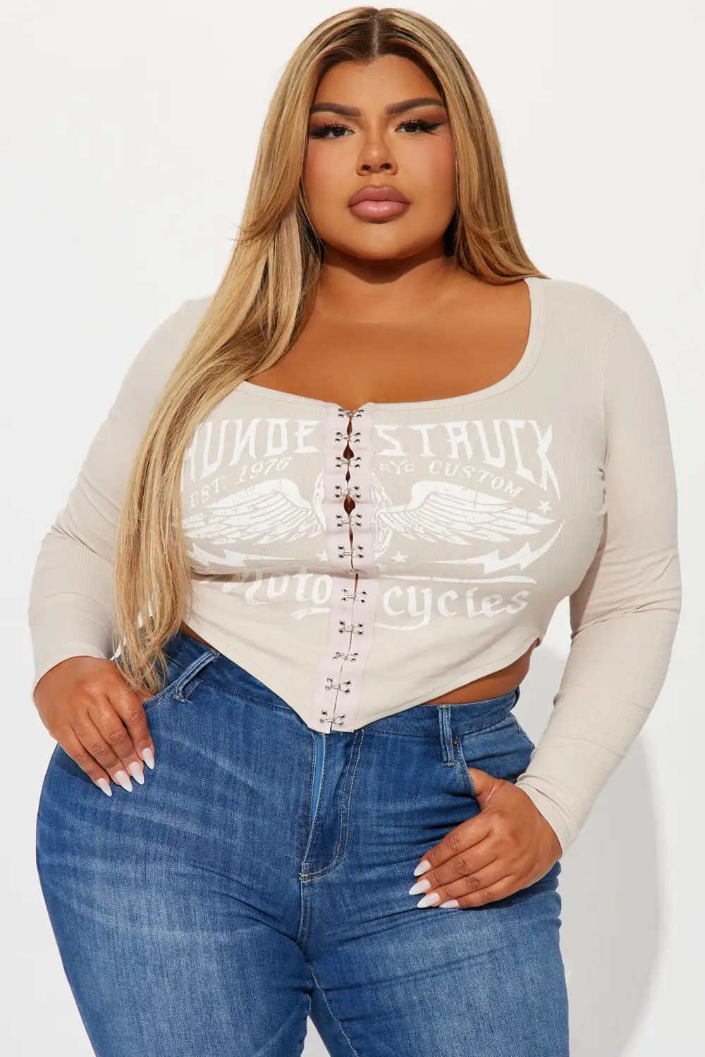 Roll Deep Hook & Eye Long Sleeve Top - Beige