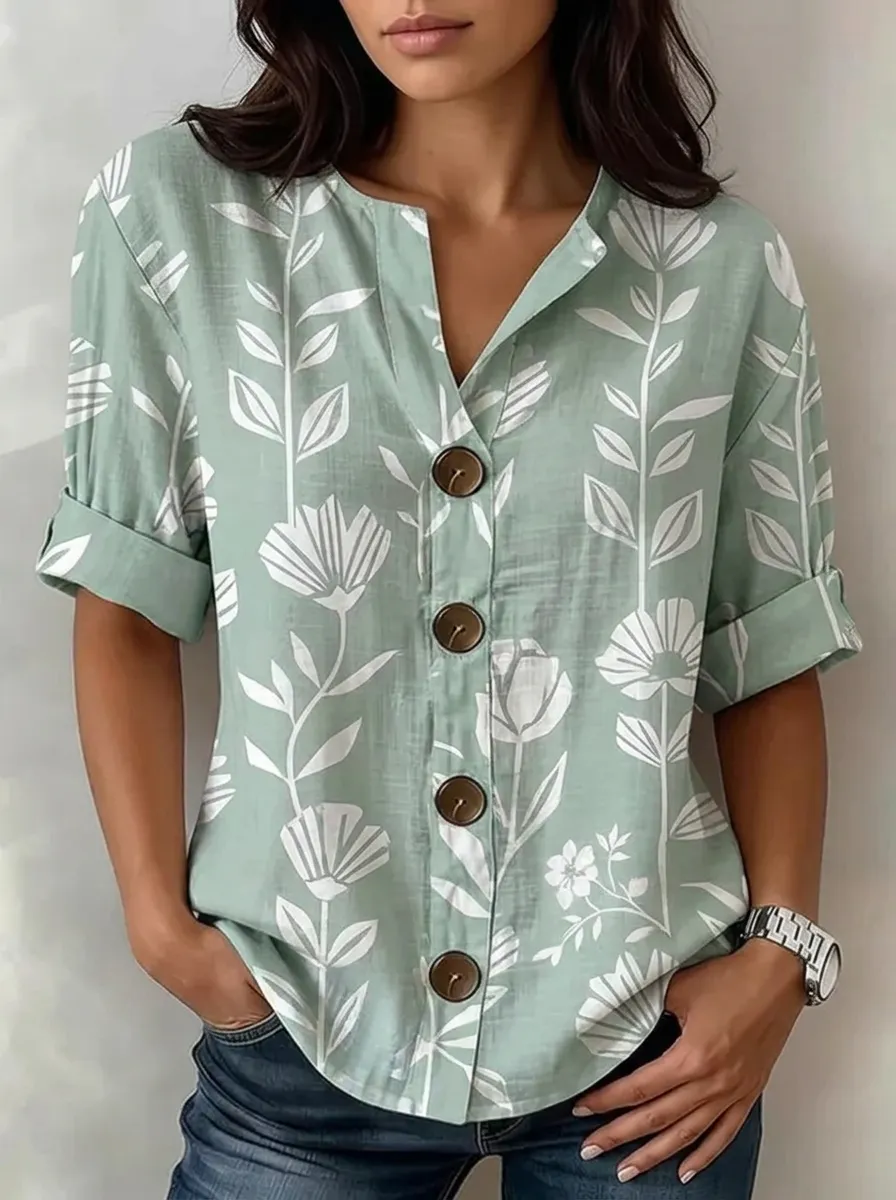 Women's Nashville Floral Botanical Printed Button-Down Shirt