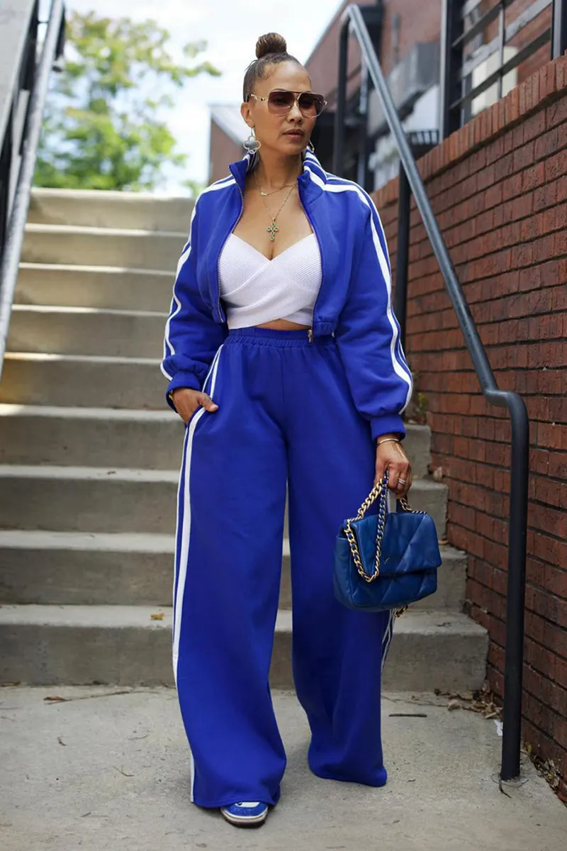 Colorblock Stripe Jacket Wide Leg Pants Casual 2pcs Set-Blue