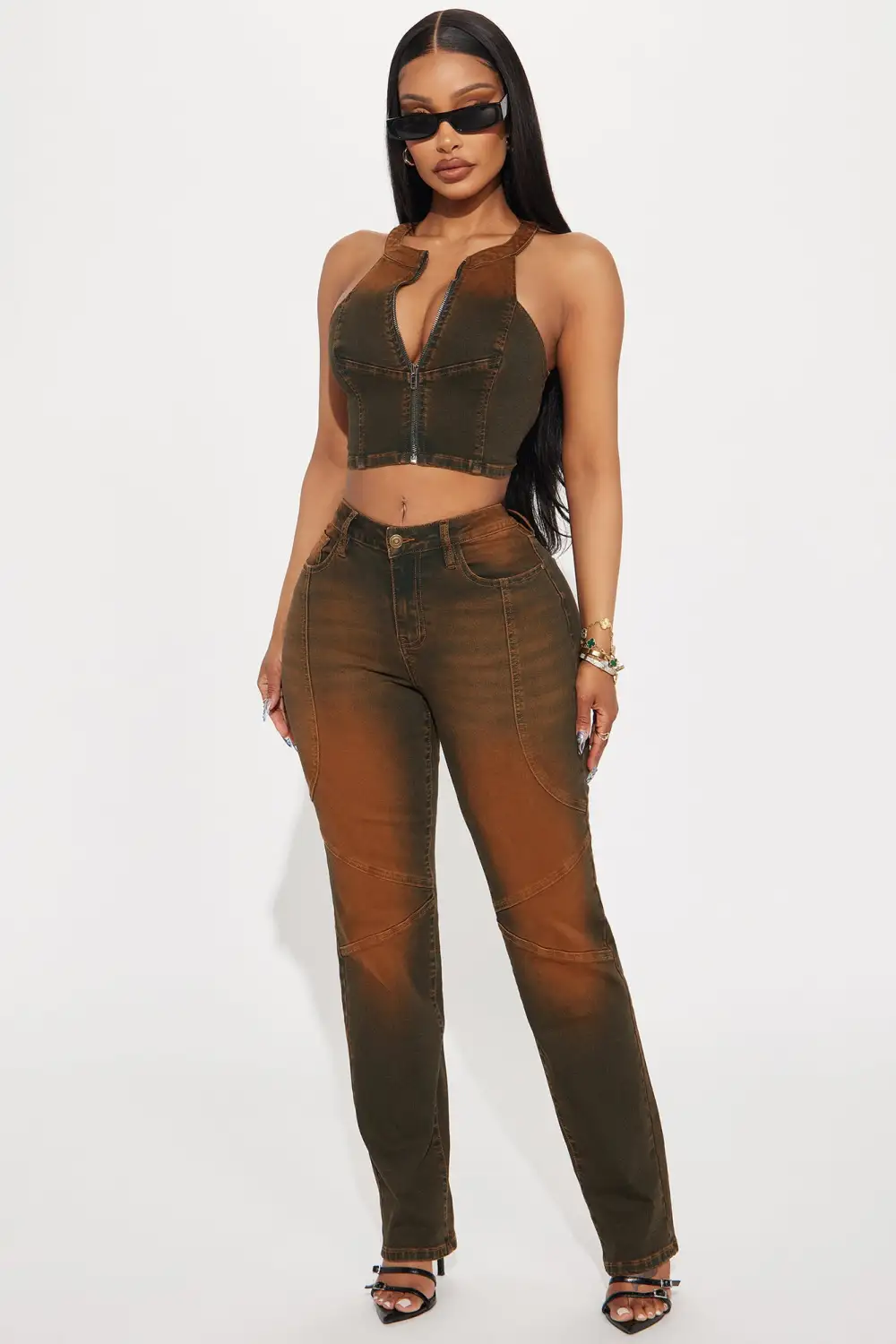 Passing Through Stretch Straight Leg Jeans - Brown