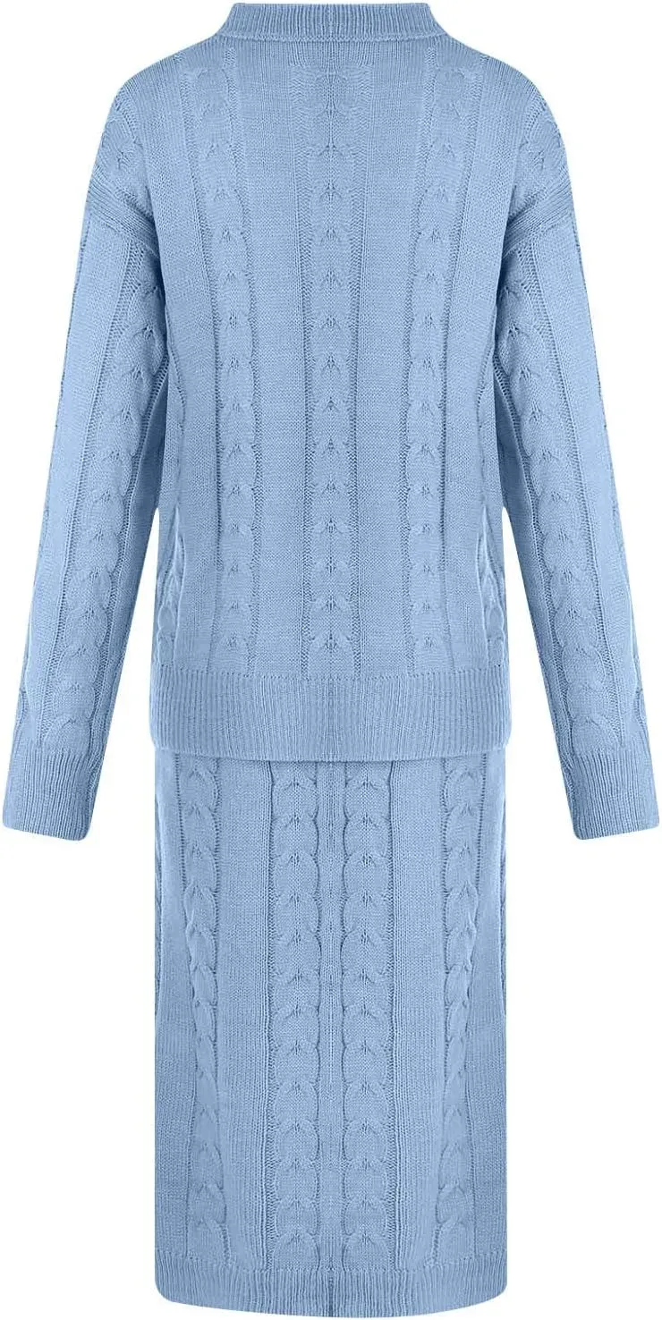 Women 2 Piece Outfits Knitted Sweater Tops and Long Skirt Turtleneck Long Sleeve Bodycon Dress Set Chunky Cable Knit