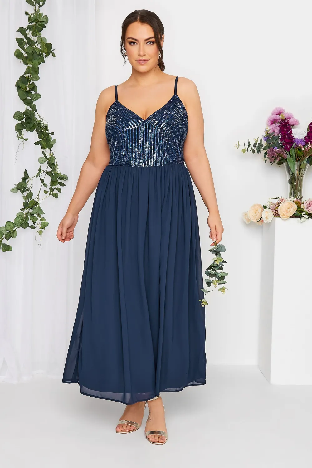 LUXE Curve Navy Blue Sequin Embellished Sleeveless Maxi Dress