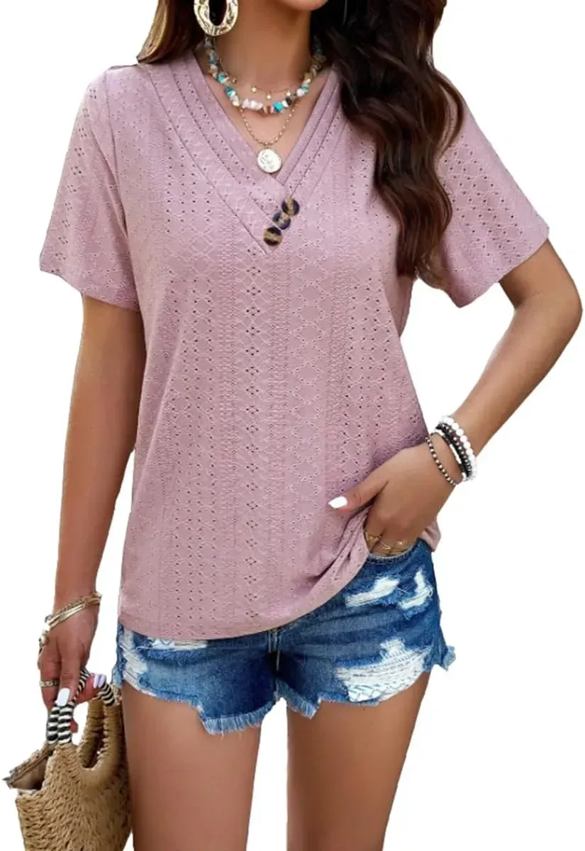 Women's Buttoned V Neck Hollow Short Sleeved T Shirt Summer Casual Fashion Solid Color Tees Tops
