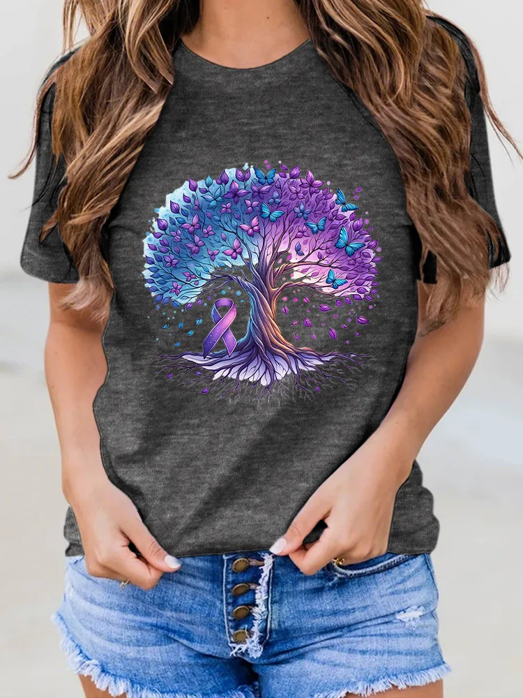 Women'S Round-Neck T-Shirt Alzheimer'S Awareness Butterfly Tree Prints