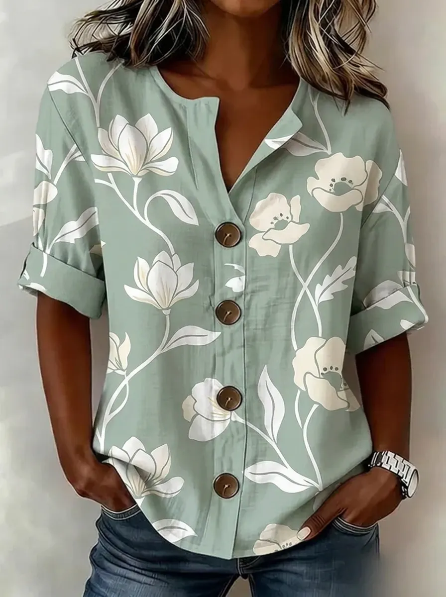 Women's Nashville Floral Botanical Printed Button-Down Top