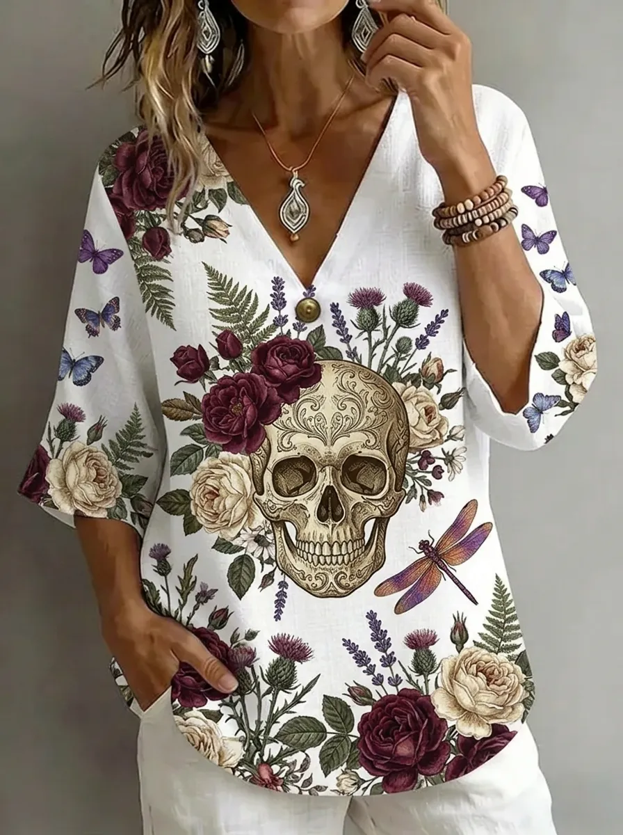 Women's Nashville Skull Floral Butterfly Printed V-Neck Top
