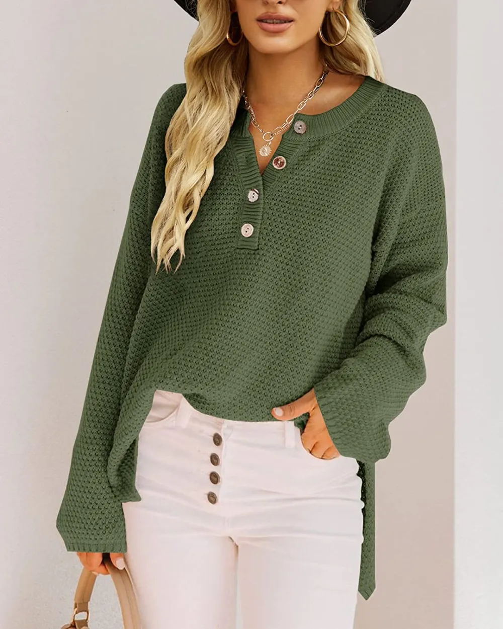 Women's Oversized Sweaters Batwing Long Sleeve Loose V Neck Button Henley Tops Pullover Knit Jumper