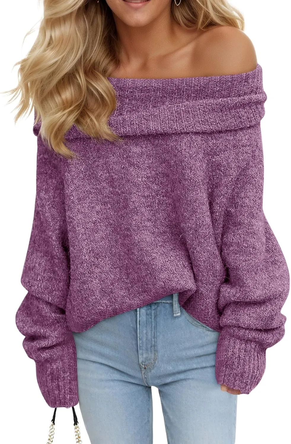 🎄Hot Sale Off The Shoulder Sweaters Long Sleeve Slouchy Knitted Casual Loose Fall Trendy Pullover Tops