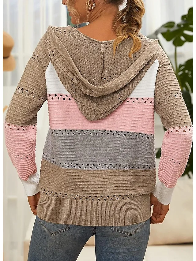 Suéter feminino com capuz e malha canelada com zíper e patchwork Primavera e outono Exterior Diariamente Exterior Moda Casual Macia Manga Longa