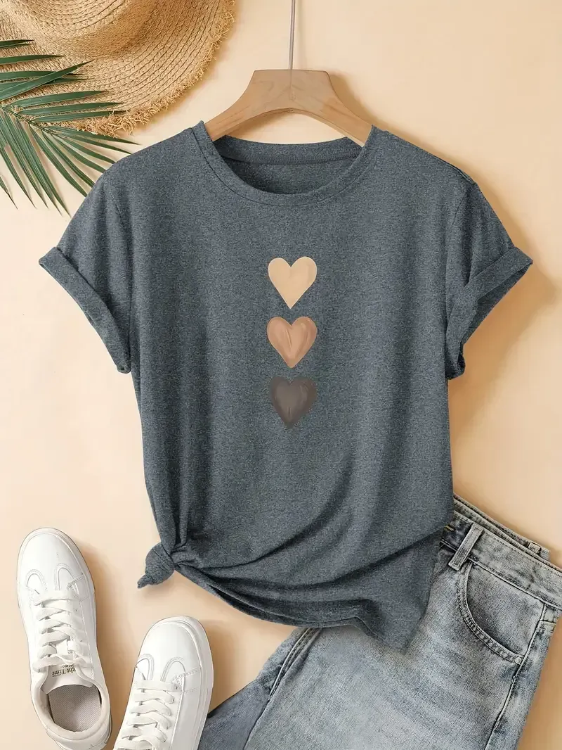 Heart Print Casual T-Shirt, Crew Neck Short Sleeves Sports Tee, Women's Activewear