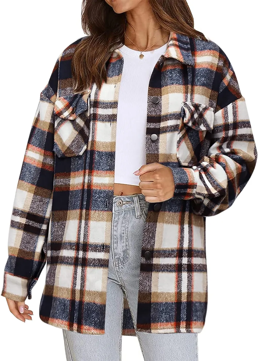Women's Flannel Plaid Shacket Long Sleeve Button Down Chest Pocketed Shirts Jacket Coats