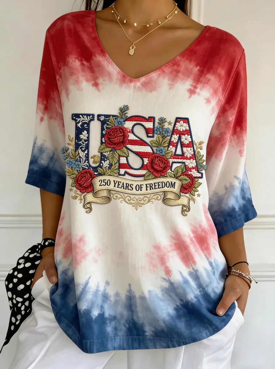 Women's USA Patriotic Floral 250 Years Freedom Printed T-shirt