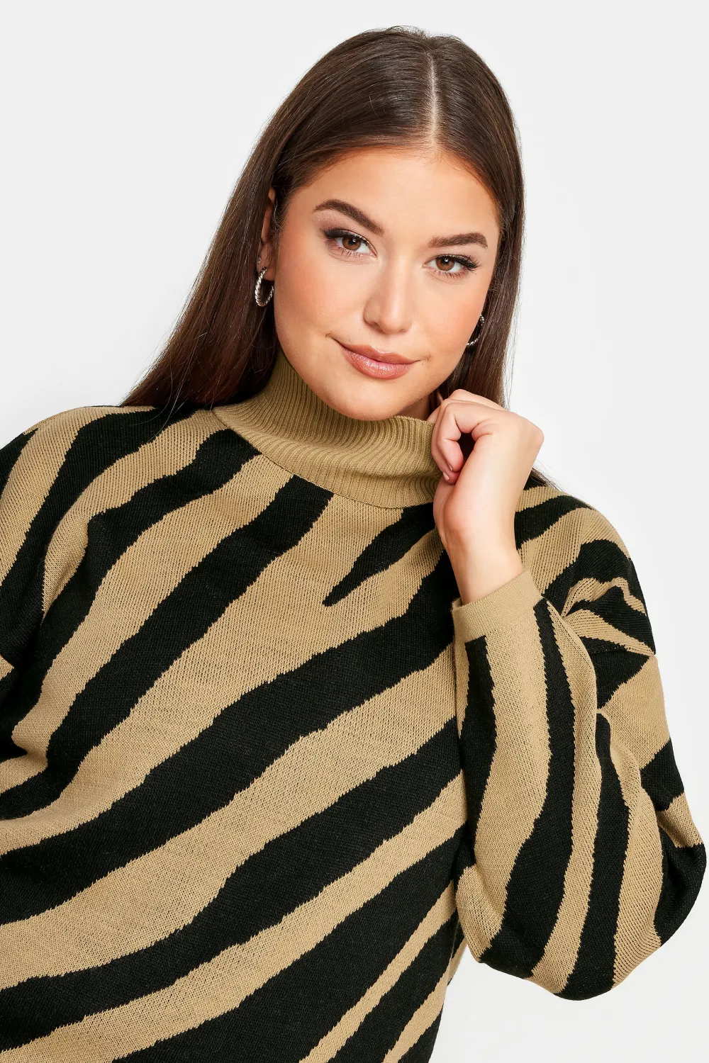 YOURS Curve Beige Brown Zebra Print Turtle Neck Jumper