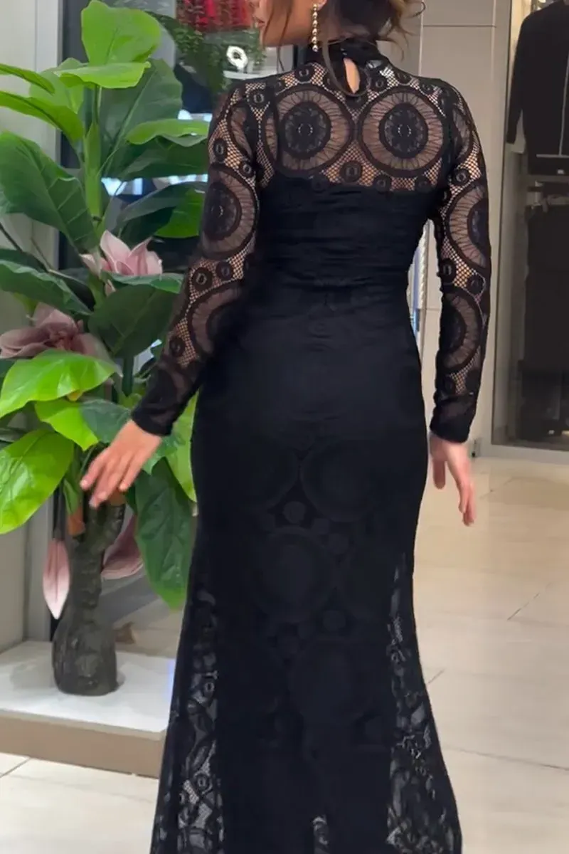 Women's Elegant Round Neck Sheer Lace Long Sleeve Dress