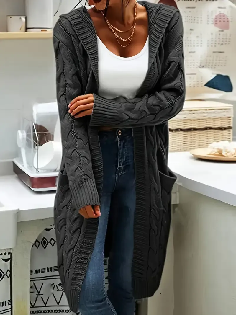 Women's Casual Long Hooded Knit Cardigan with Cable Knit Pattern, Front Pockets - Cozy Acrylic Sweater Coat for Fall/Winter, Machine Washable, Winter Layering|Open Front Cardigan|Buttonless Cardigan