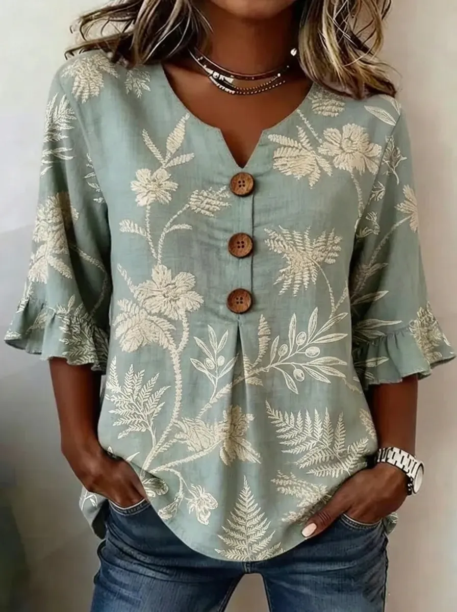 Women's Nashville Botanical Floral Printed V-Neck Button Top