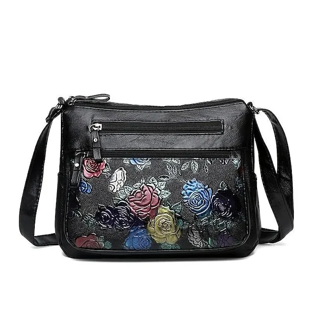 Women's Crossbody Bag Shoulder Bag PU Leather Outdoor Office Zipper Adjustable Large Capacity Lightweight Flower Black