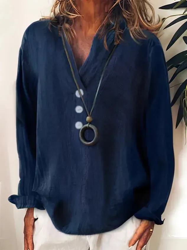 Solid Loosen Casual Cotton V Neck Top