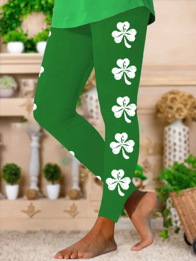 Women's St. Patrick's Day Lucky Shamrock Print Stretch Leggings