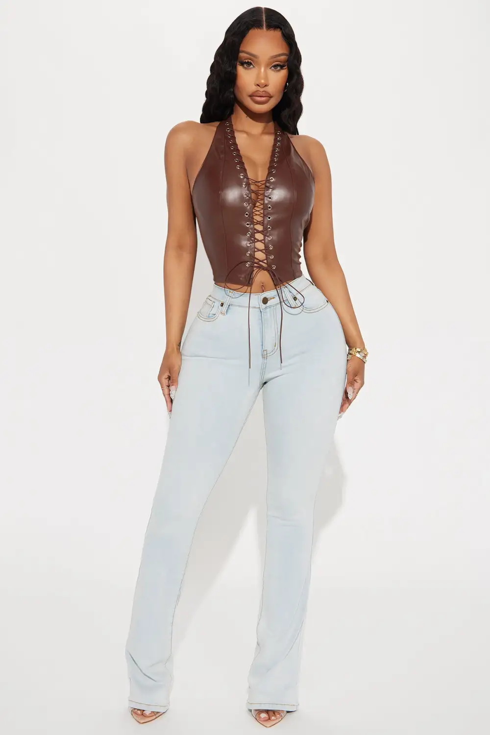 Up To No Good Lace Up Top - Brown
