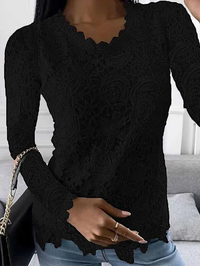 Women's Lace Shirt Shirt Blouse Plain Work Black White Pink Lace Long Sleeve Elegant Vintage Fashion Round Neck Regular Fit Spring Fall
