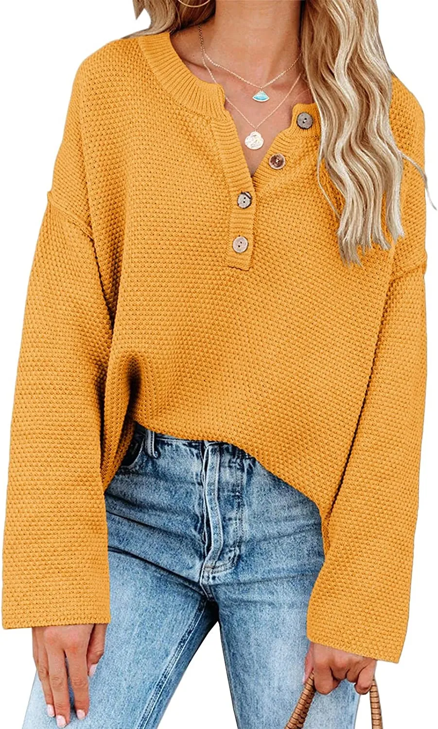 Women's Oversized Sweaters Batwing Long Sleeve Loose V Neck Button Henley Tops Pullover Knit Jumper