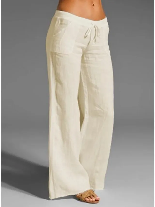 Women's Bootcut Culottes Wide Leg Chinos Cotton Faux Linen Solid Colored Baggy Mid Waist Lightweight Basic Wedding Daily Black White S M Spring &  Fall