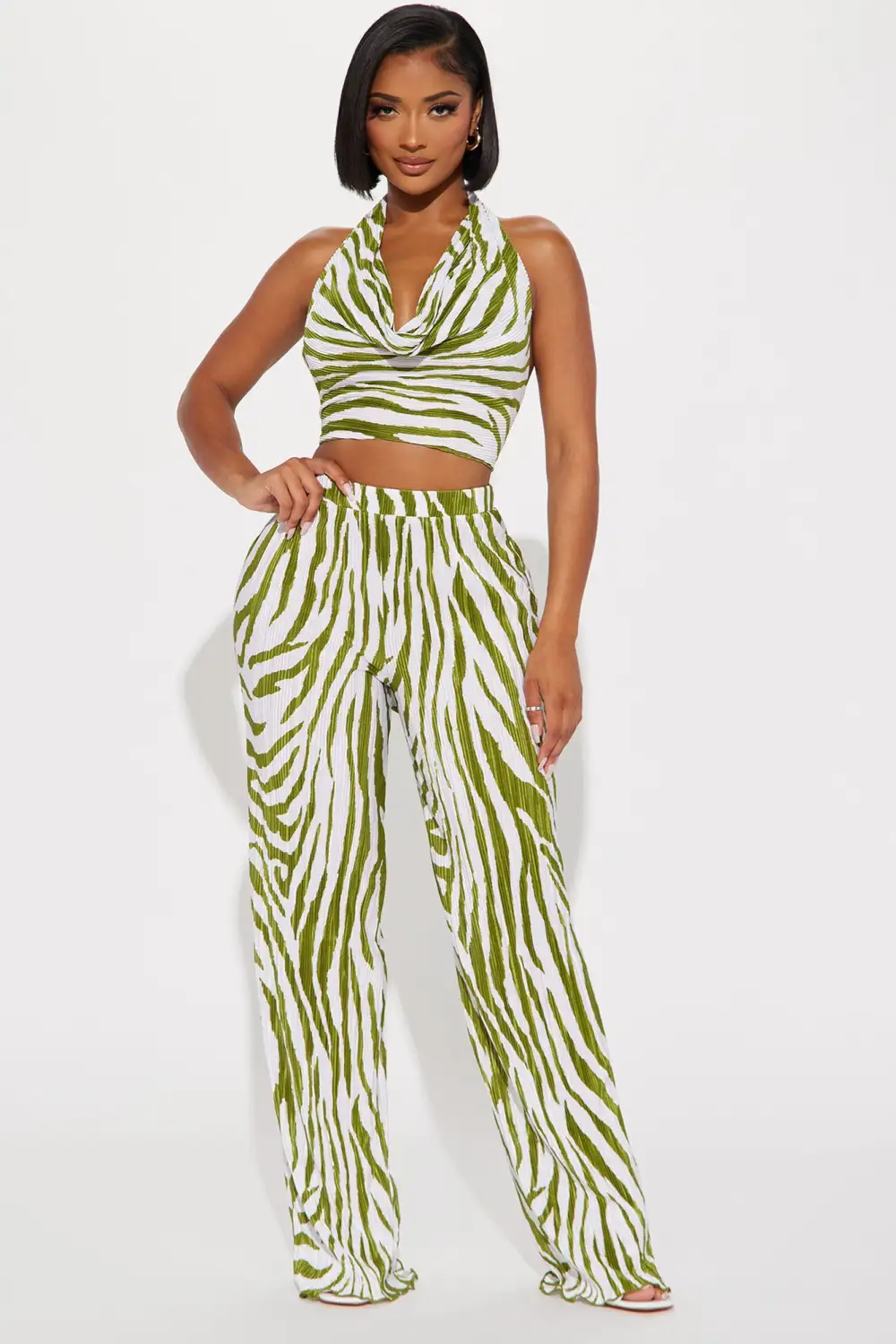 Always Around Plisse Pant Set - Olive