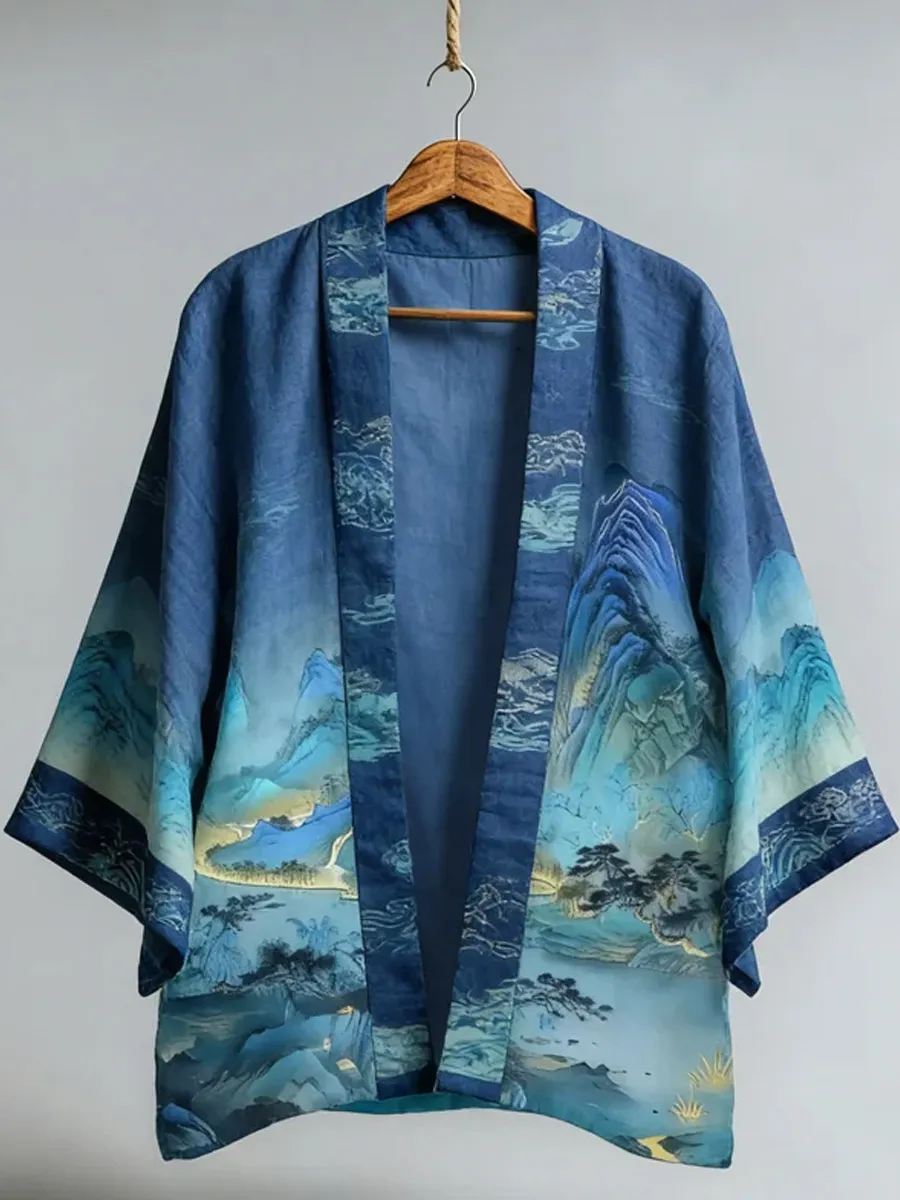 Japanese Mountains Landscape Gradient Linen Kimono