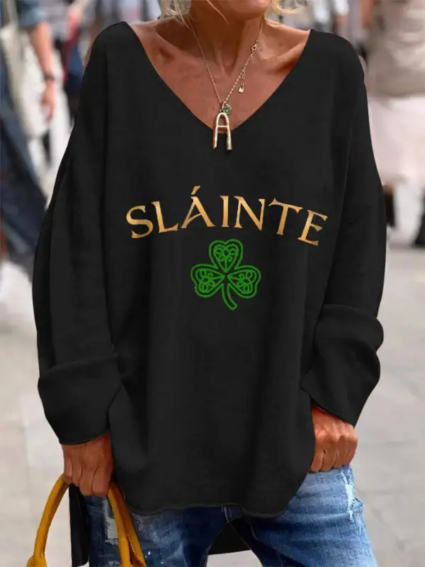 Women's Slainte St. Patrick's Day Printed V-Neck Long Sleeve Top
