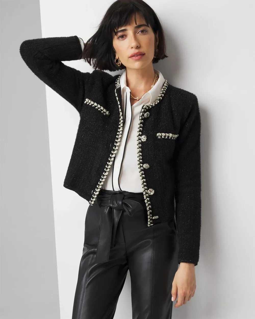 Petite Black and White Tweed Sweater Jacket