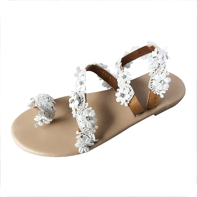 Women's Wedding Shoes Sandals Boho Bohemia Beach Flat Sandals Wedding Daily Beach Wedding Sandals Summer Rhinestone Lace Flower Flat Heel Open Toe Cute Classic Casual Lace Faux Leather Lace-up Loafer