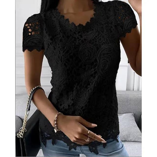 Women's Shirt Blouse Black White Pink Plain Lace Short Sleeve Casual Vintage Fashion Basic Round Neck Regular Fit